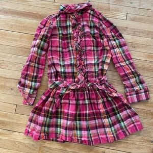 Gymboree Girl 8 Plaid Pink and Green Dress Tunic Belted Full Button Frill Front